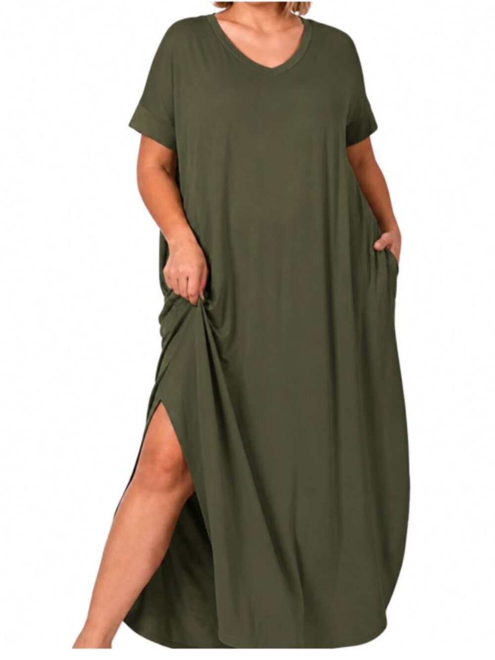 NEW DARk OLIVE Short Sleeve V-Neck Maxi Dress wSide Slits Size 2X